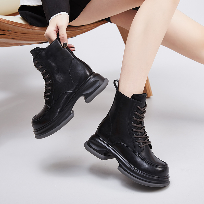 真皮马丁靴女2025秋冬新款中筒靴子女粗跟厚底加绒保暖英伦风短靴
