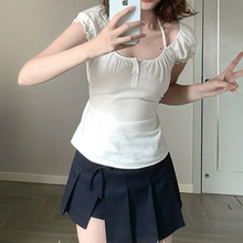 槿一【纯白之恋】挂脖系带设计短袖T恤女春季薄款上衣显瘦甜美风