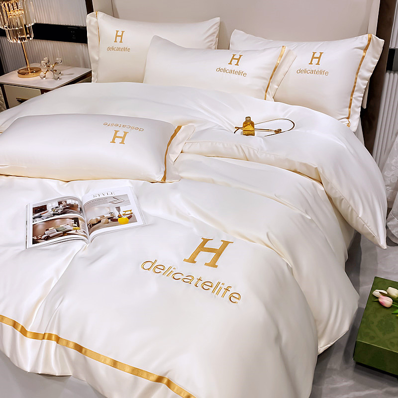轻奢刺绣水洗天丝四件套纯色夏季裸睡丝滑真丝凉感冰丝四件套批发