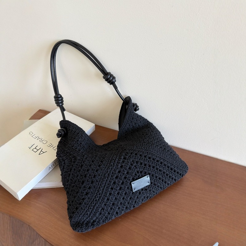 2025 新しい夏のクロスボディ中空織バッグホリデービーチバッグ綿糸と牛革ショルダーバッグ脇の下バッグ女性のための|undefined