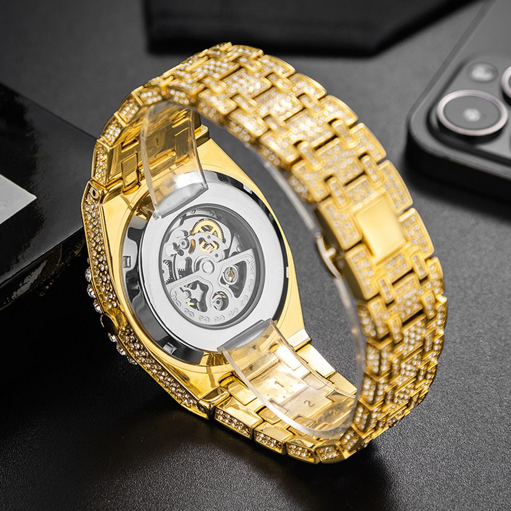 MISSFOX Full Diamond Hip Hop Party Automatic Hollow out Mechanical Men's All Night Glow Watch_voghion.com