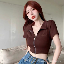 夏季Polo领正肩T恤女美式复古设计感小众双拉链修身短款短袖上衣