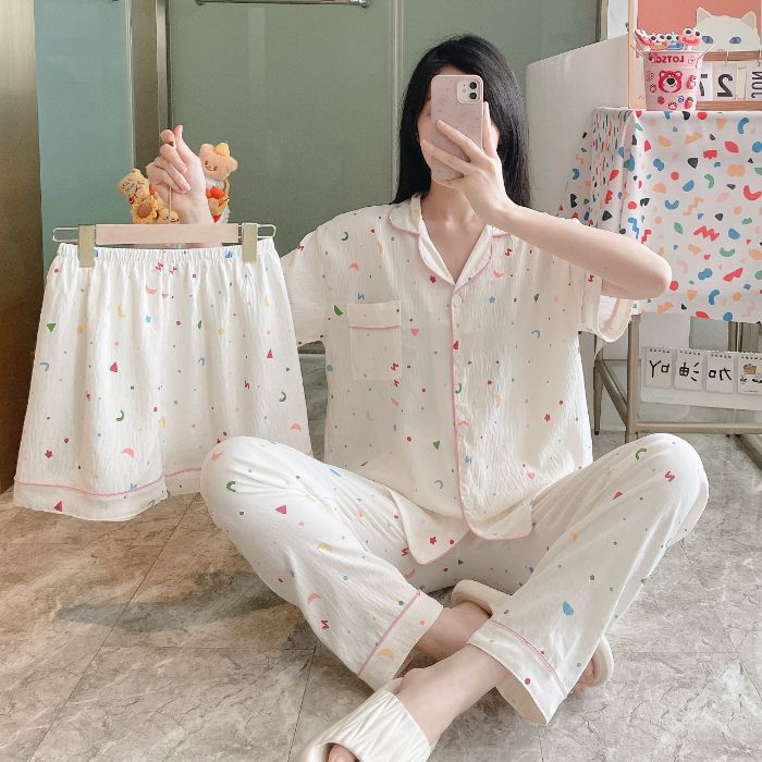 Venta al por mayor transfronteriza 120g pijamas de algodón de nube de verano de manga corta para mujer pantalones cortos de algodón de nube de verano de tres piezas servicio a domicilio de dibujos animados