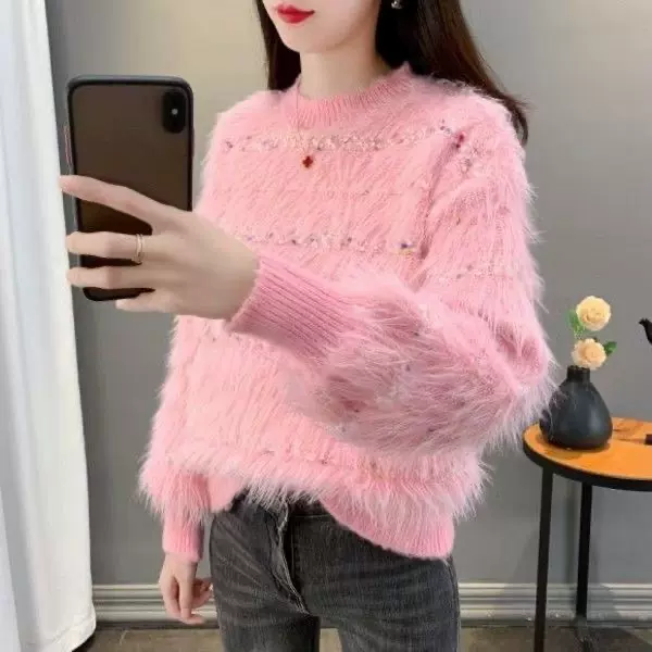韩版拼色仿水貂绒针织衫女套头秋冬新款宽松慵懒风软糯毛衣女外套