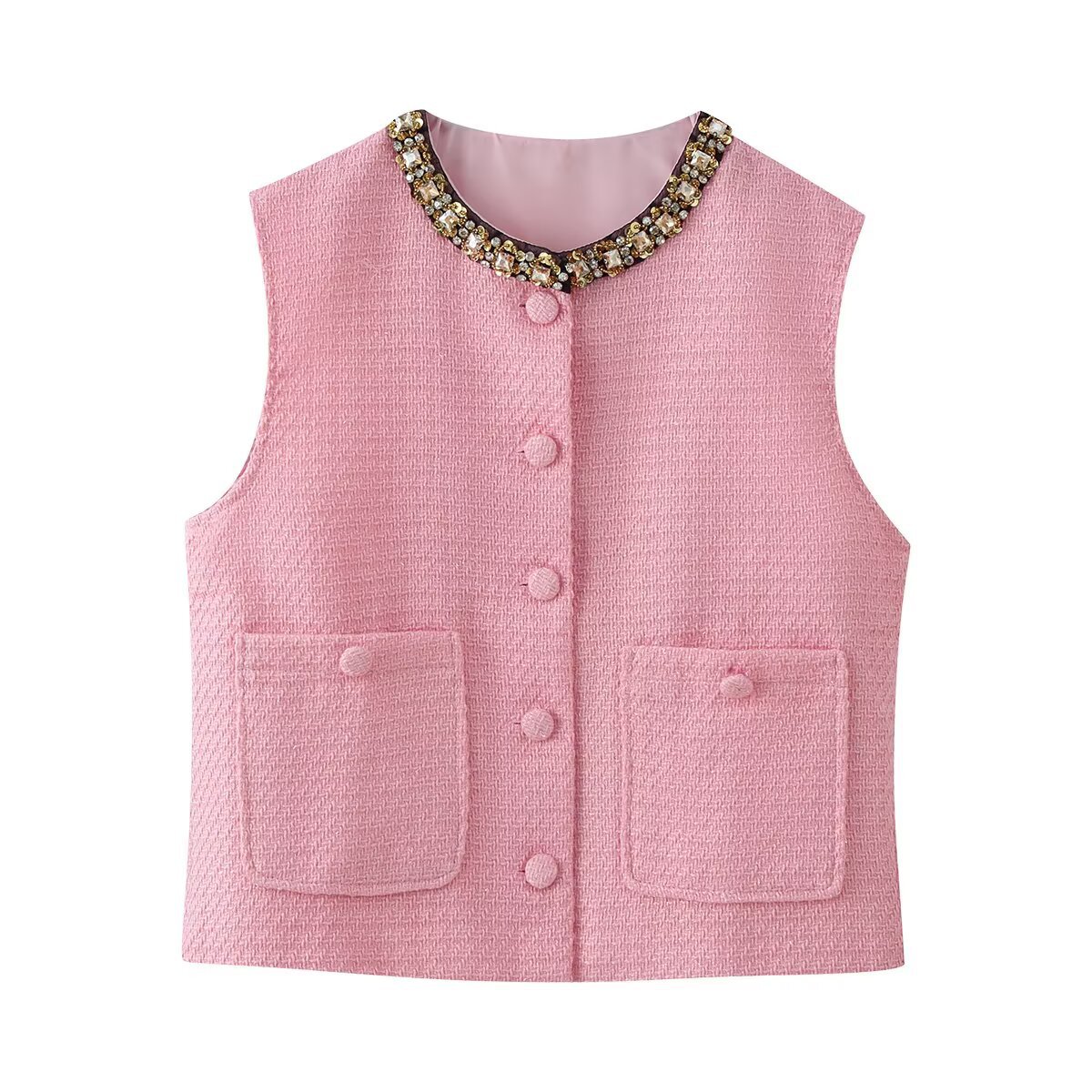 TAOP & ZA mujer verano 2026 nueva moda versátil pequeña fragancia con diamantes chaqueta de cuello redondo