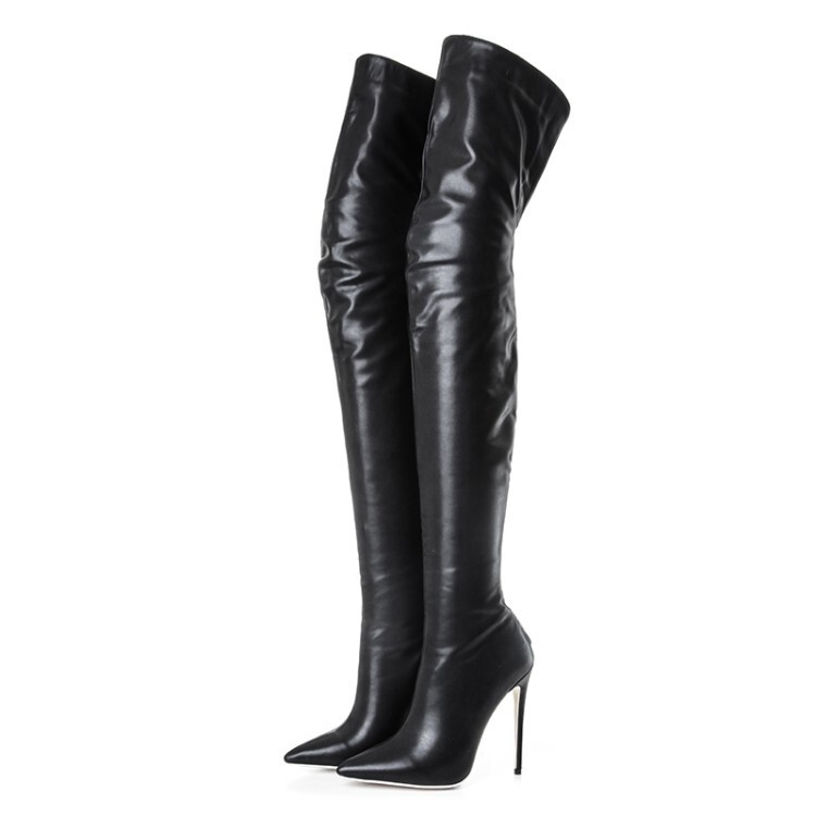 Cross-Border Fashion Boots, Pointed Toe, Back Zipper, Stiletto Heel, Slim Leg Boots, Women's Boots, European and American Style, Over-The-Knee, Shiny Leather Long Boots, Size 42