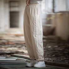 冬款新款裤子复古条纹显瘦百搭夹棉休闲裤棉麻加厚保暖棉裤女外穿