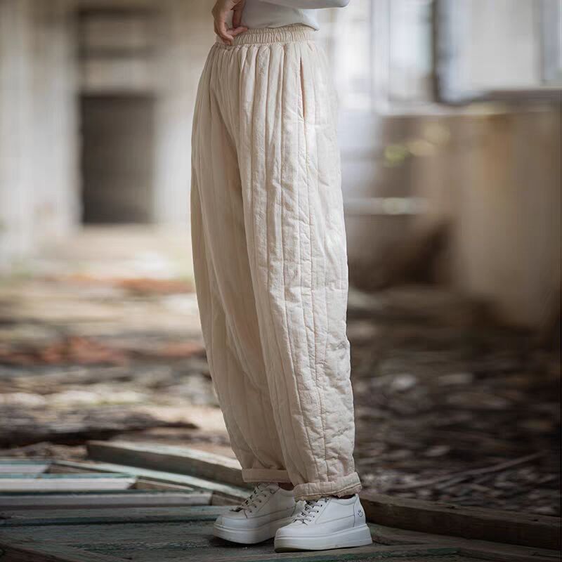 冬款新款裤子复古条纹显瘦百搭夹棉休闲裤棉麻加厚保暖棉裤女外穿