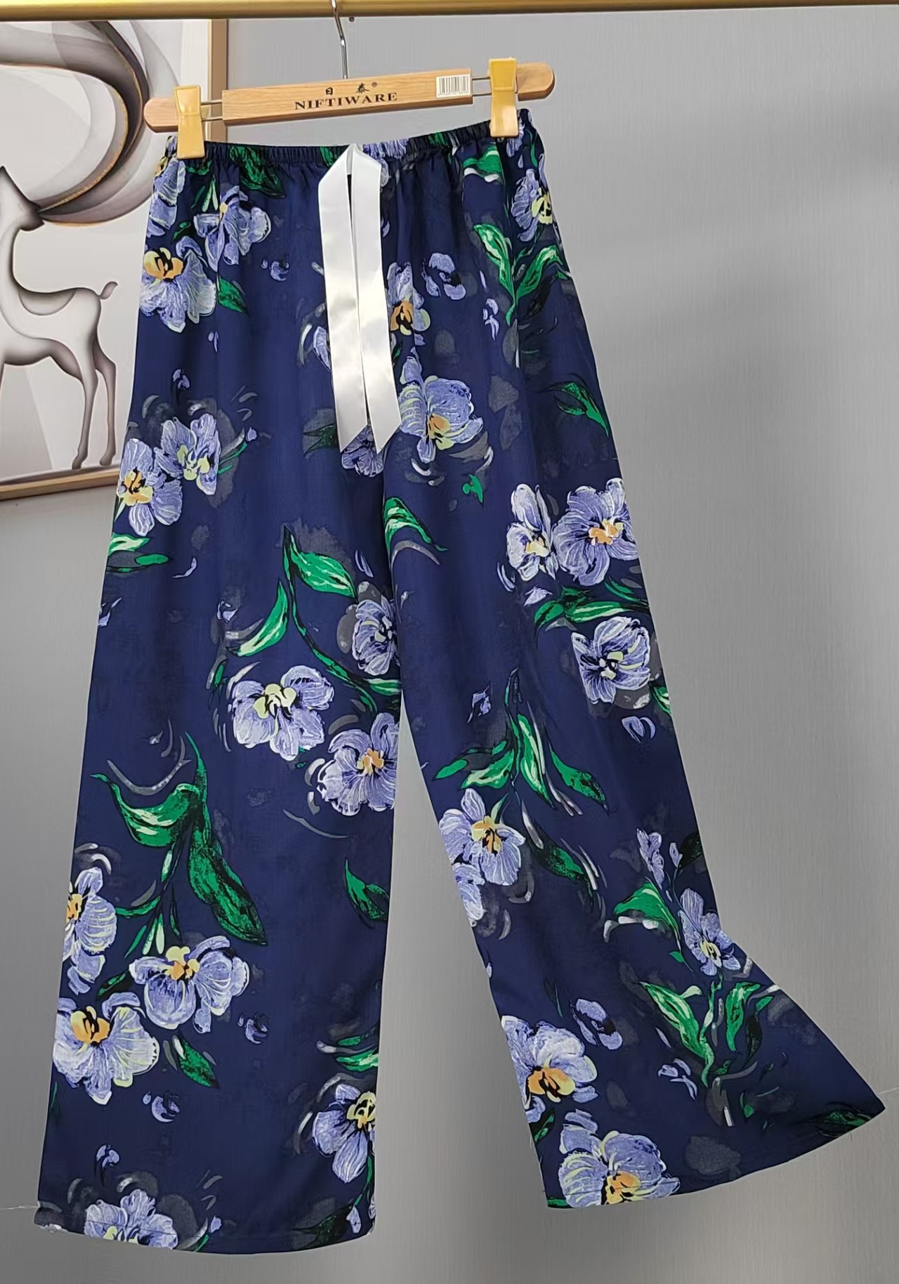 Pijama de seda de algodón para mujer, pantalones anchos de mujer embarazada de seda de algodón con estampado fino de verano