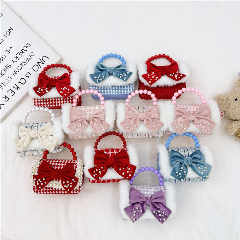 Bolsa de moda de perlas para niños otoño y invierno Año Nuevo para niñas bolsas de hombro de tela arco