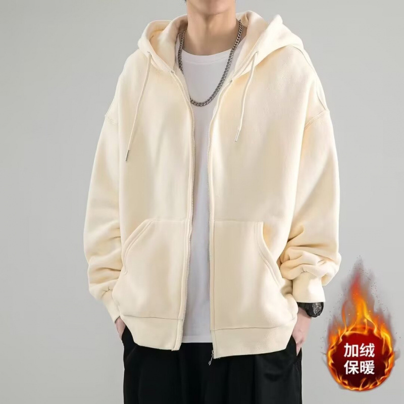 Autumn and winter 2024 fleece-lined thick warm zipper cardigan casual solid color cheap hooded plus size sweater men's hair