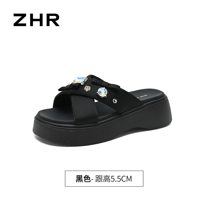 Dép sandal nữ đế dày quai chéo đính đá thoáng khí — KN331 Đen