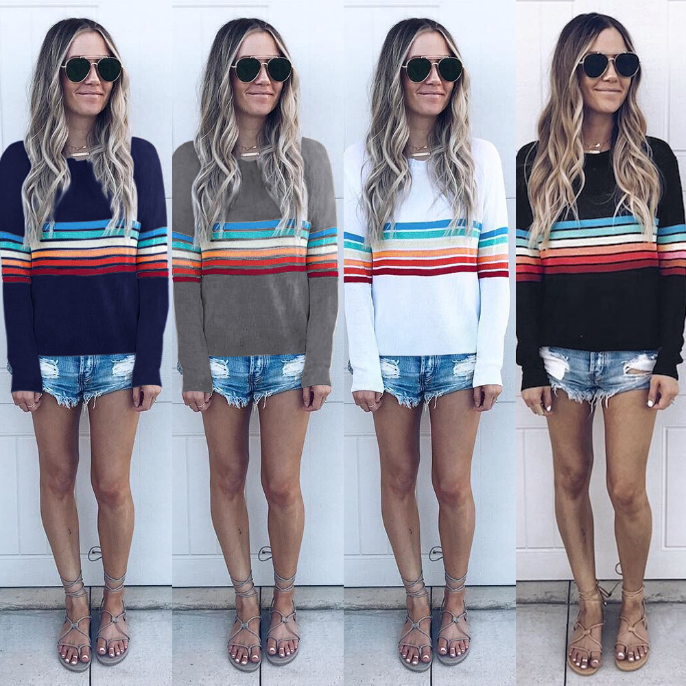 现货！8639欧美跨境女装彩色条纹长袖圆领T恤eBay