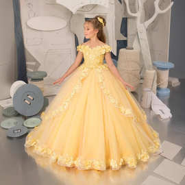 外贸亚马逊新款缎布宫廷公主裙表演生日花童婚纱蓬蓬礼服一件代发