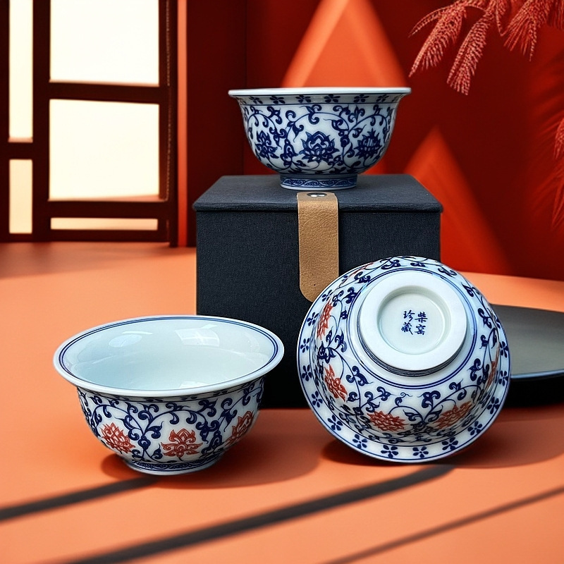 Antique Mud Blue and Flower Underglaze Red Wrapping Branch Lotus Yongle Ceramic Pressing Hand Cup Master Cup Tasting Cup Large Single Cup Tea Cup Antique Mud Blue and Flower Underglaze Red Wrapping Branch Lotus Yongle Ceramic Pressing Hand Cup Master Cup Tasting Cup Large Single Cup Tea Cup