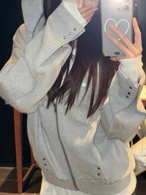 SUNONEON 设计感铆钉宽松连帽卫衣外套女早秋季新美式开衫衣|undefined