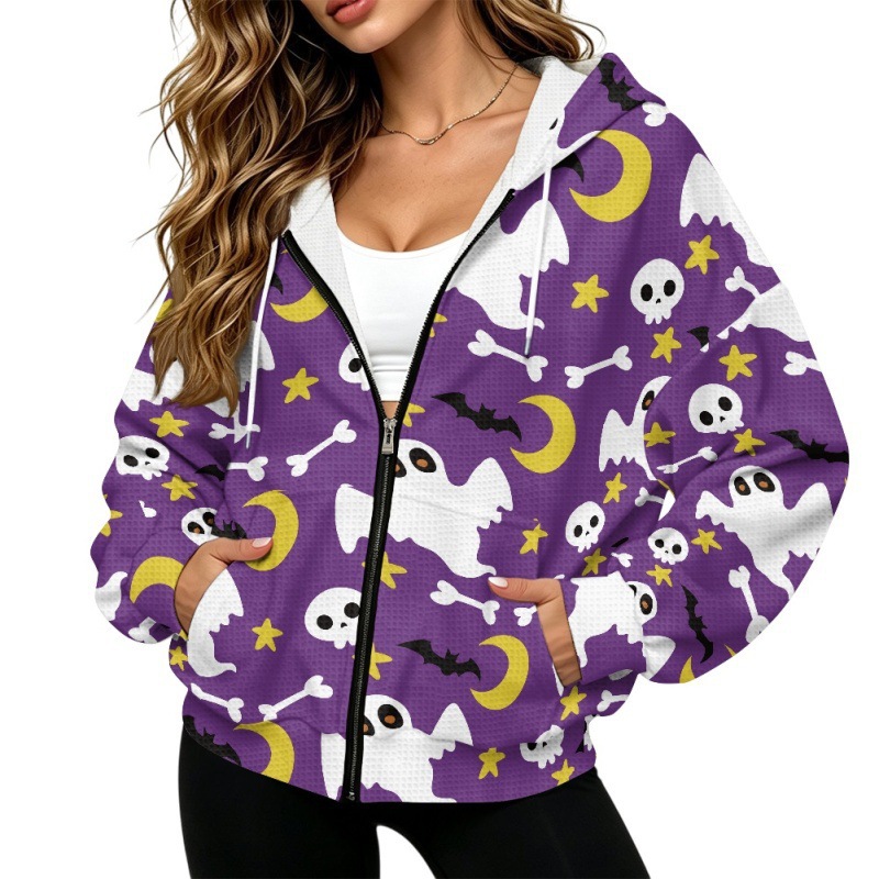 Halloween waffle knit zip-up hoodie, loose fit, featuring pumpkin, skull, and bat designs, available for customization, direct from the manufacturer