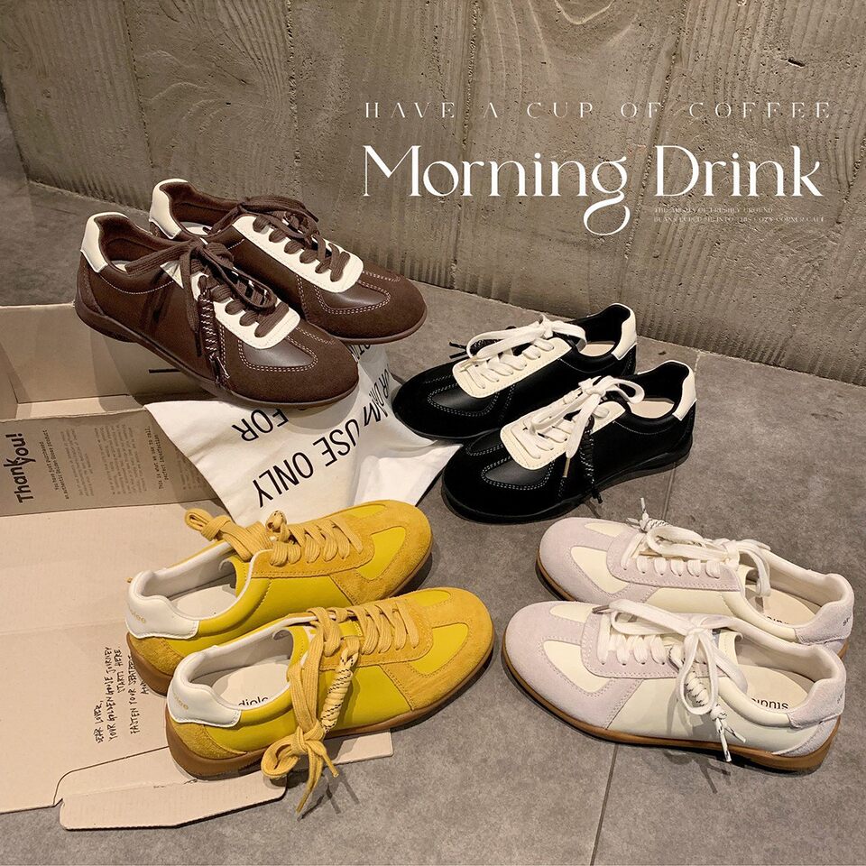 Giày sneaker nữ da bò phối màu mũi tròn dây buộc tăng chiều cao — Màu trắng nhạt, màu sô cô la, màu vàng, màu đen