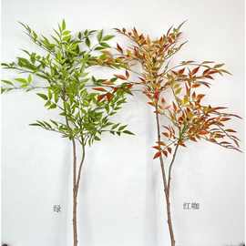 仿真2叉南天竹 手感天葵竹绿植新中式插花枝条叶材摄影道具装饰