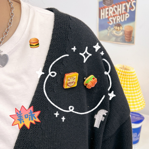 Japanese and Korean new hamburger pizza bread creative brooch cute badge collar pin clothes bag accessories student jewelry