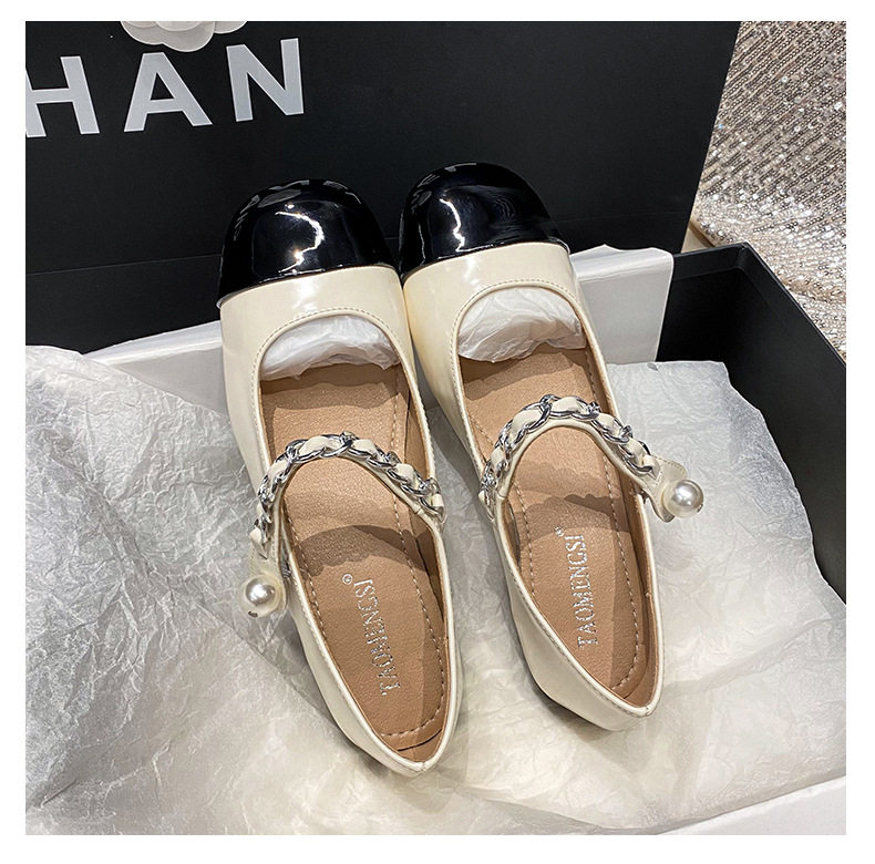 Giày Mary Jane nữ mũi vuông đế bằng phối màu ngọc trai, gót thấp 1–3 cm — Bạc phối đen, Đen bạc, Đen trắng chi tiết 38
