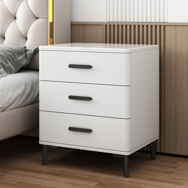 Mesita de noche con tres cajones de madera maciza, tablero de roca, estilo moderno y sencillo, gabinete elevado de tres niveles, gabinete de almacenamiento para dormitorio principal, acabado lacado.