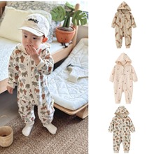 ins风北欧婴儿连体衣春秋外出防风保暖纯棉宝宝连帽哈衣爬服