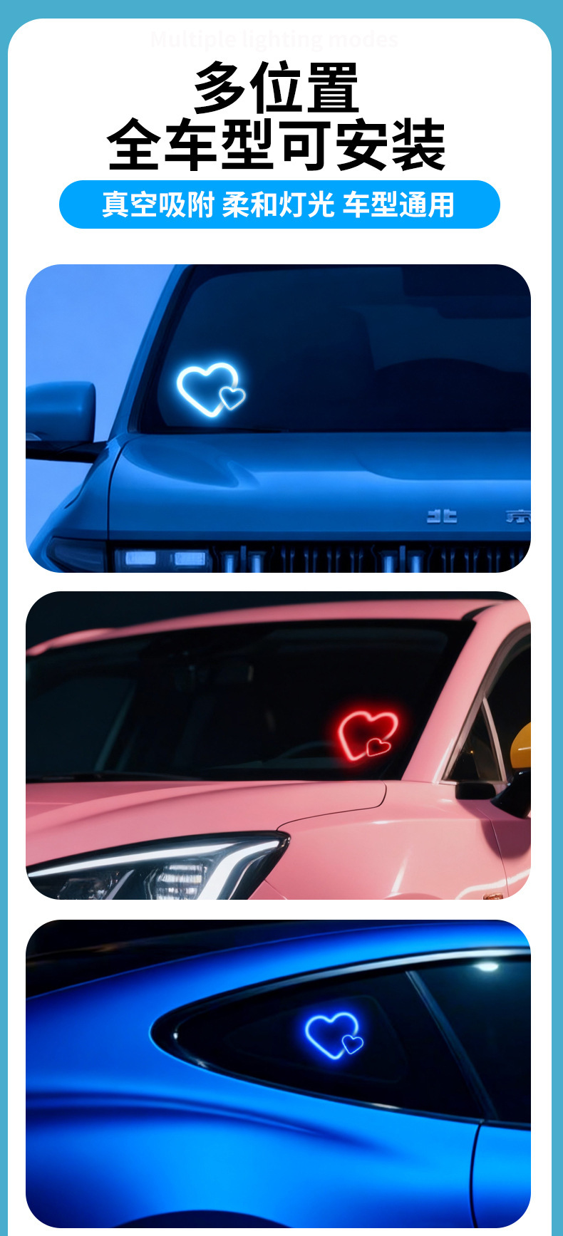 Cross-Border Popular Car USB Solar-Powered Wireless Led Heart-Shaped Light Triangular Window Wireless Neon Light Decorative Light