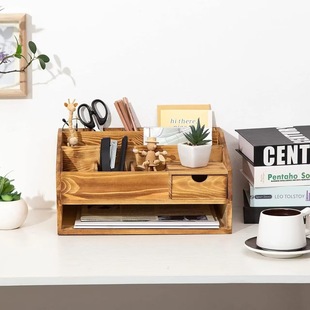 Wooden Office Desktop Multi-Purpose Pen Holder Storage Box Student Desktop Drawer-Type Wooden Organizing Box