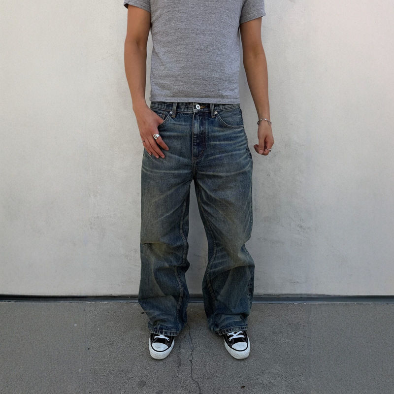 In-stock cross-border European and American trendy brand vintage blue jeans for men, Y2K street style, washed and distressed, straight-leg, floor-length pants In-stock cross-border European and American trendy brand vintage blue jeans for men, Y2K street style, washed and distressed, straight-leg, floor-length pants