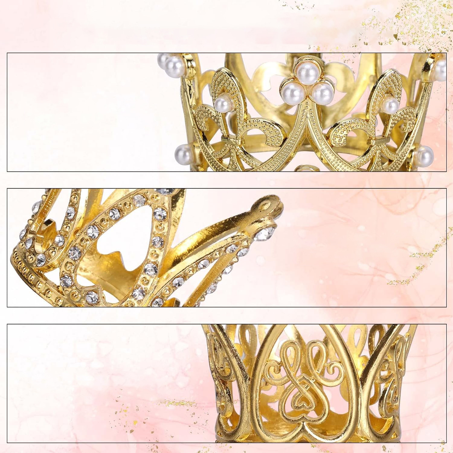 Ventas transfronterizas de aleación dorada corona de cabeza para niños fiesta de cumpleaños decoración de perlas de diamante decoración de pastel 15 piezas