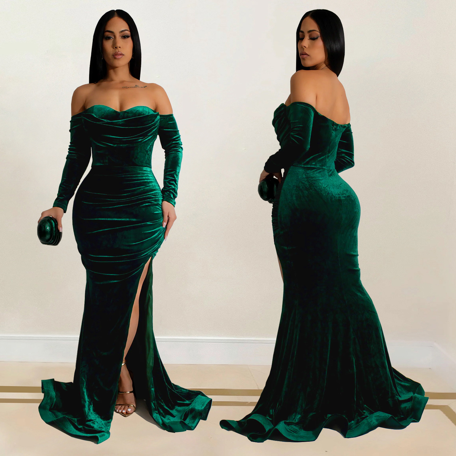 C7157 Aliexpress transfronterizo Amazon Europa y América ropa de moda de mujer de color sólido vestido de noche bifurcado vestido de pecho bajo nuevo image 5
