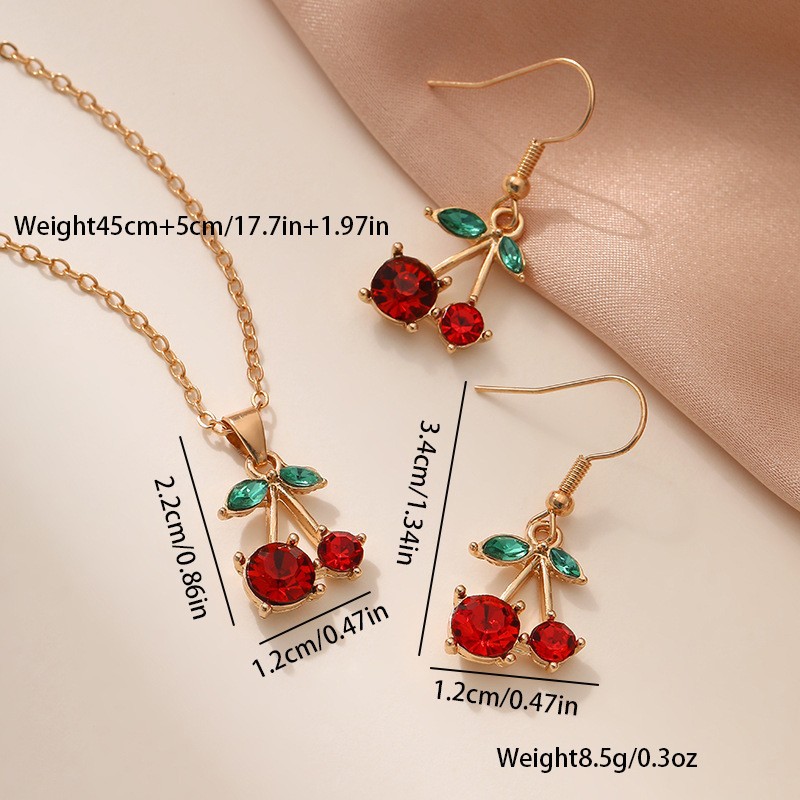 Ins viento rojo cereza clavícula aretes conjunto de joyería para mujeres transfronterizas colgante de cereza verde accesorios de aretes