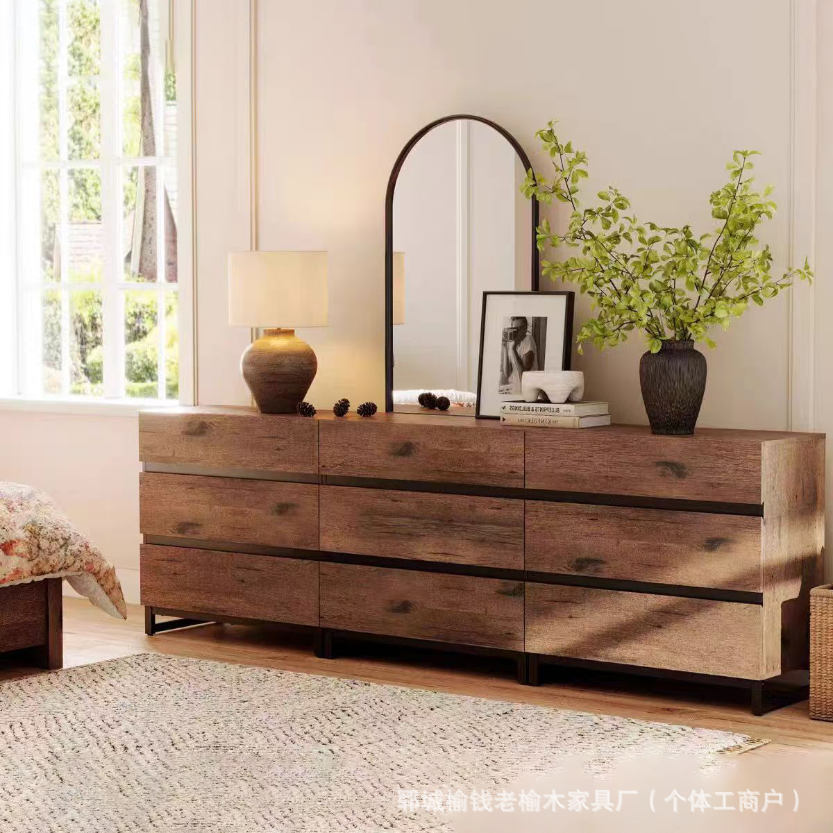 Retro Old Elm Chest of Drawers Home Entrance Storage Cabinet Solid Wood Floor-Standing Shoe Cabinet Old Door Panel Sideboard Side Cabinet