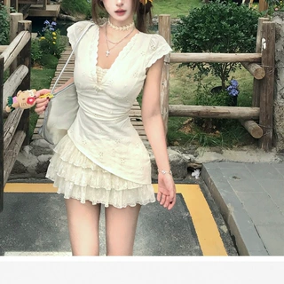 25外贸爆款假两件蕾丝刺绣连衣裙女夏季收腰纯欲裙子直播京东爆款