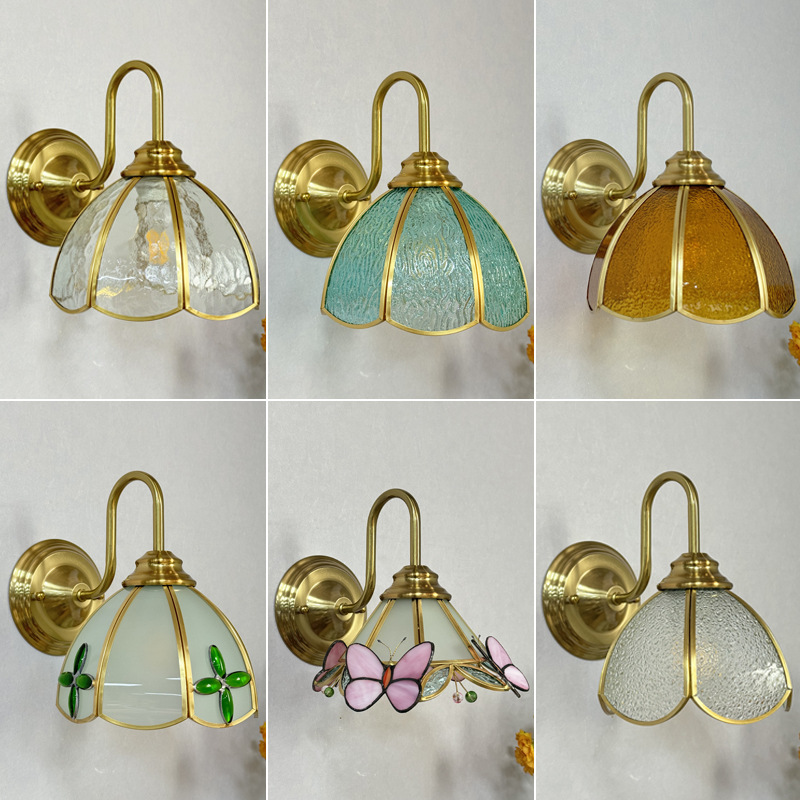 Lámpara de soldadura hecha a mano francesa retro estilo americano de cabecera de cama decoración de pasillo de comedor de arte de colores lámpara de pared de vidrio