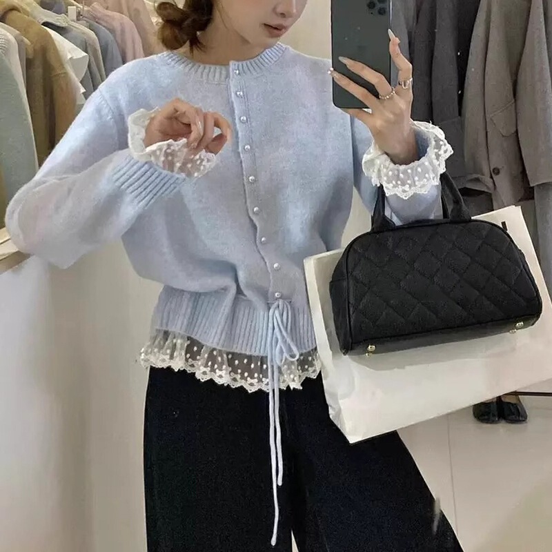Lace-trimmed, tie-front Korean-style sweater for women, autumn new fashion, age-reducing, tummy-concealing knit top