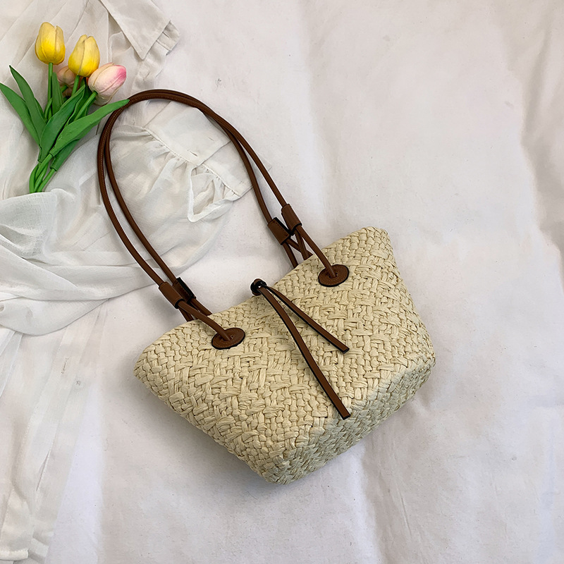 Stylish Solid Color Woven Bag, Large Capacity Vacation Straw Tote Bag, Market Basket Bag For Women (Available In Small And Large) - Thumbnail 8