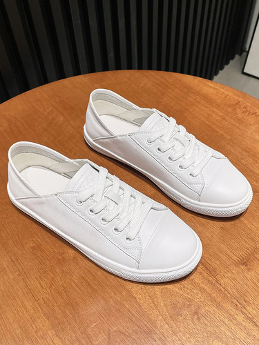 First-layer cowhide genuine leather white shoes for women  new women's shoes lace-up Korean style low-top casual sneakers for women flat