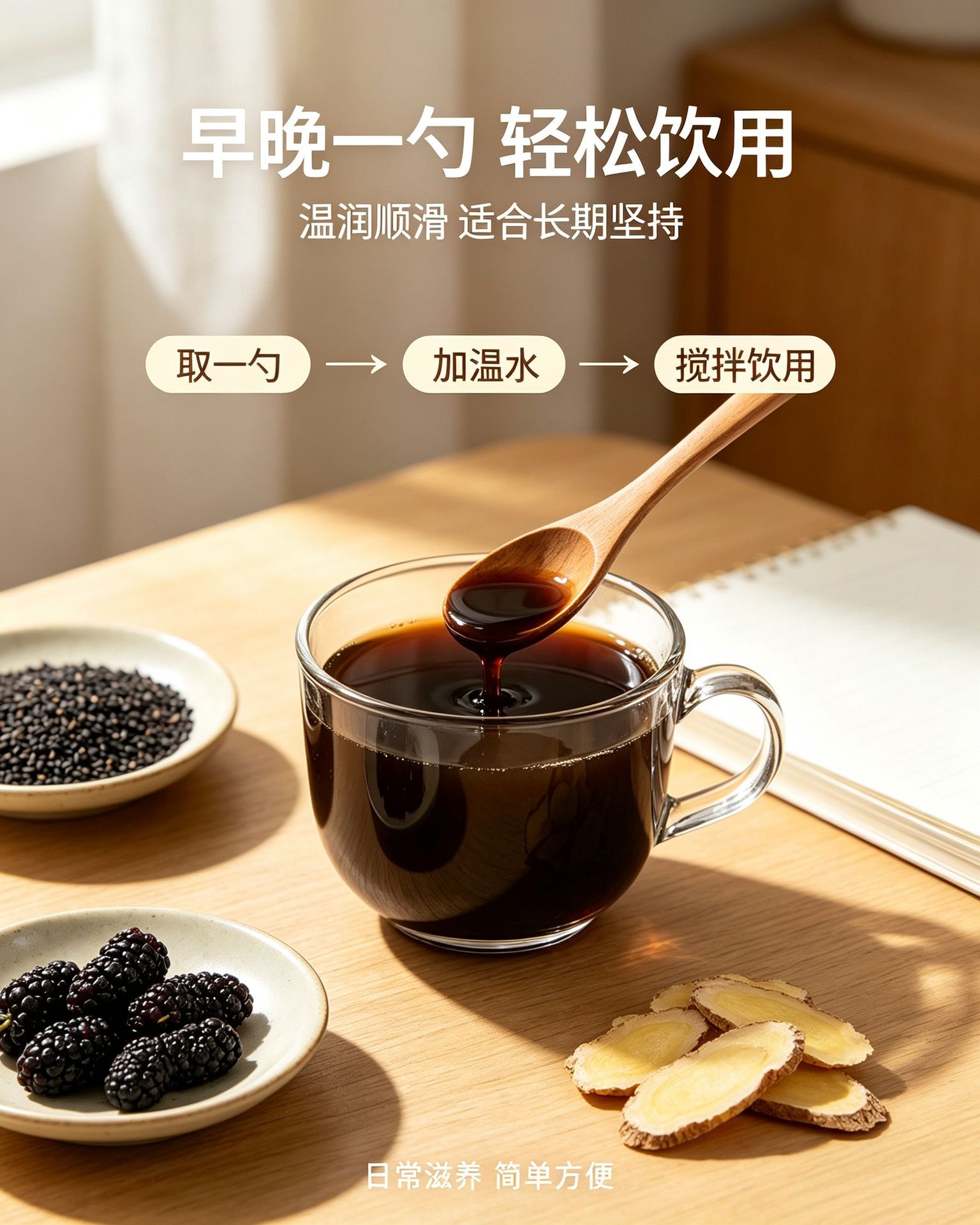 Huang Jing Five Black Herbal Paste 300g Ready-to-Eat Tonic Paste for Daily Wellness in use