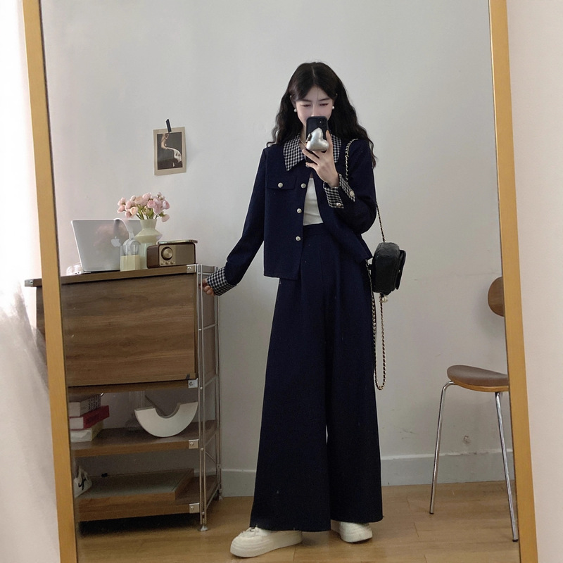 大码胖mm新款格子拼接气质显瘦时尚外套+阔腿裤两件套装女秋|undefined