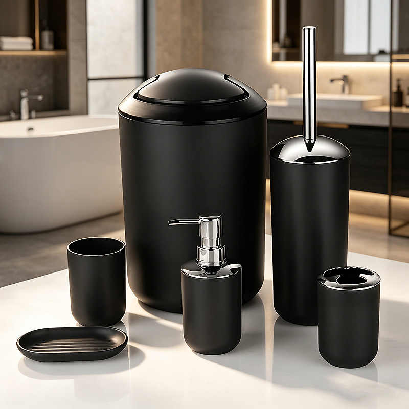 Kit de baño set de artículos de higiene set botella de desinfectante de manos cepillo de dientes taza cepillo de inodoro bote de basura set de 6 piezas image 7