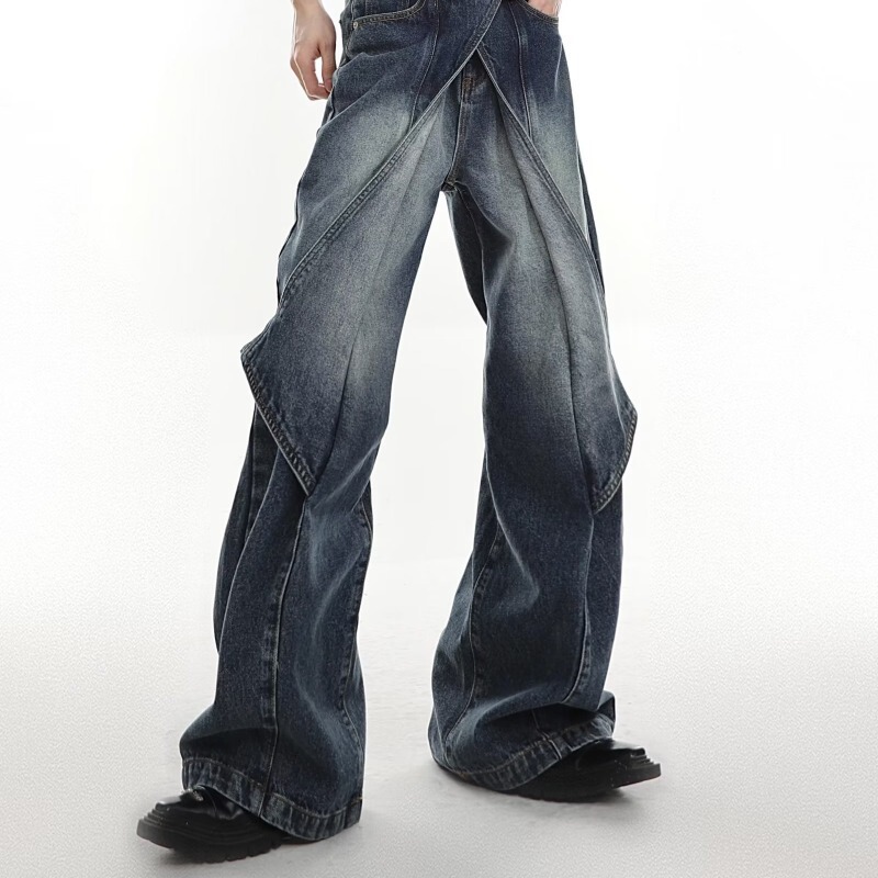 Foreign Trade Niche Heavy Industry Dressed Washed Jeans Deconstruction Cut Pieces Design Sense Variable Horn Pants Wide Leg Pants
