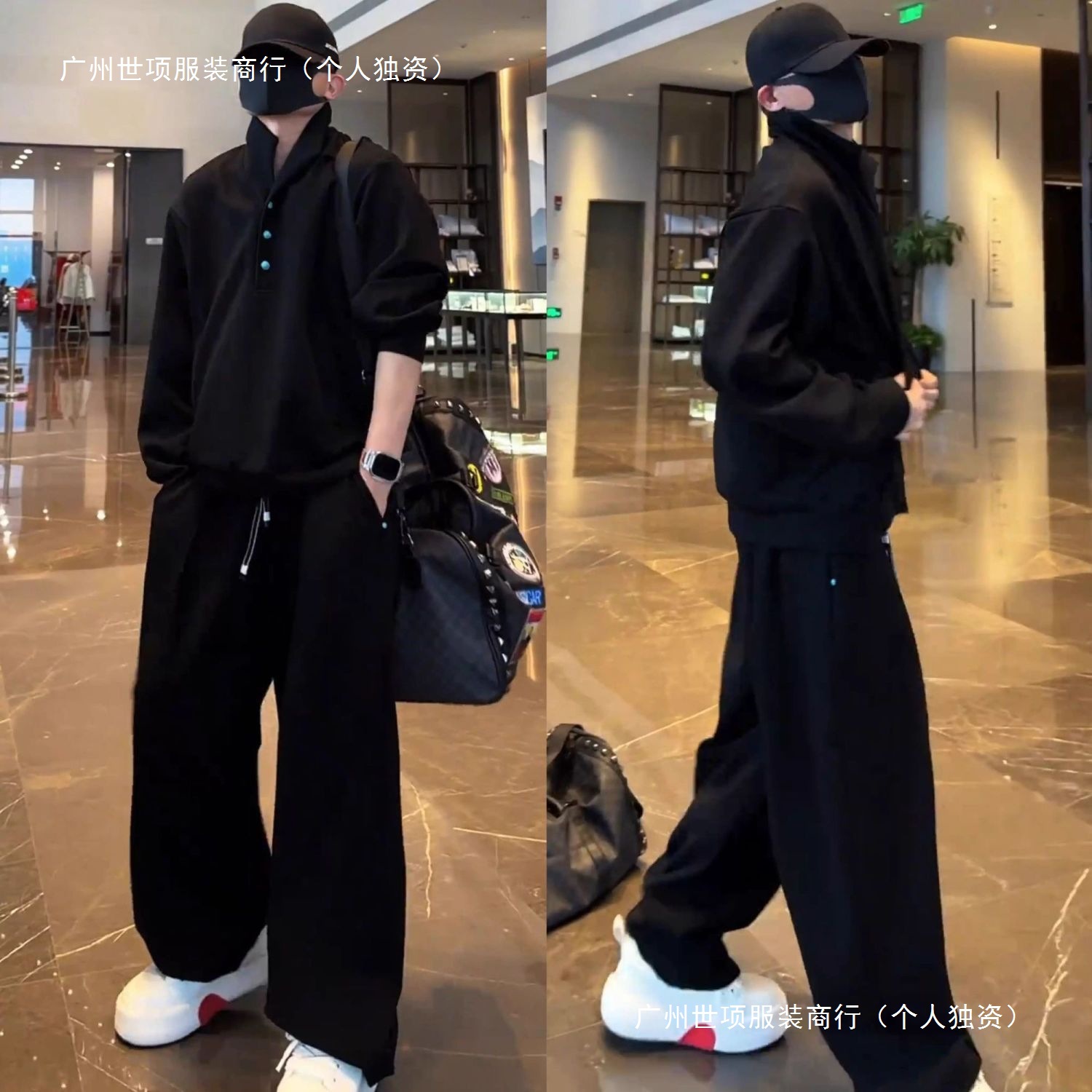 Spring and Autumn New Polp Collar Design Sweatshirt Wide Leg Trousers Suit Men's Fashion Loose Casual Sports Two-Piece Set Lc