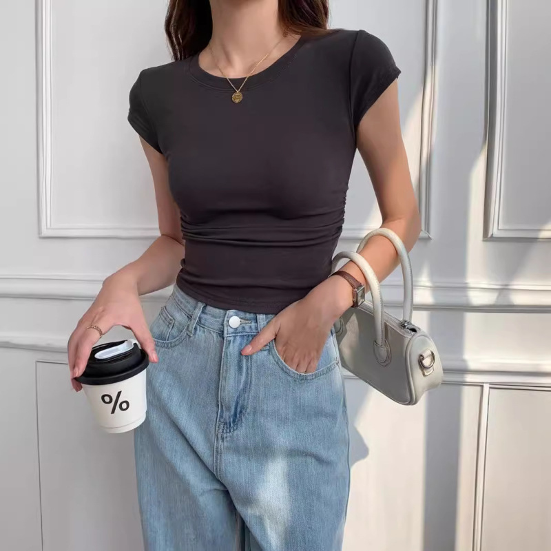 European and American Pure Color T-Shirt Women's Short-Sleeved 2025 Summer New Slim Design Waist Slimming Look Short Right Shoulder Top European and American Pure Color T-Shirt Women's Short-Sleeved 2025 Summer New Slim Design Waist Slimming Look Short Right Shoulder Top