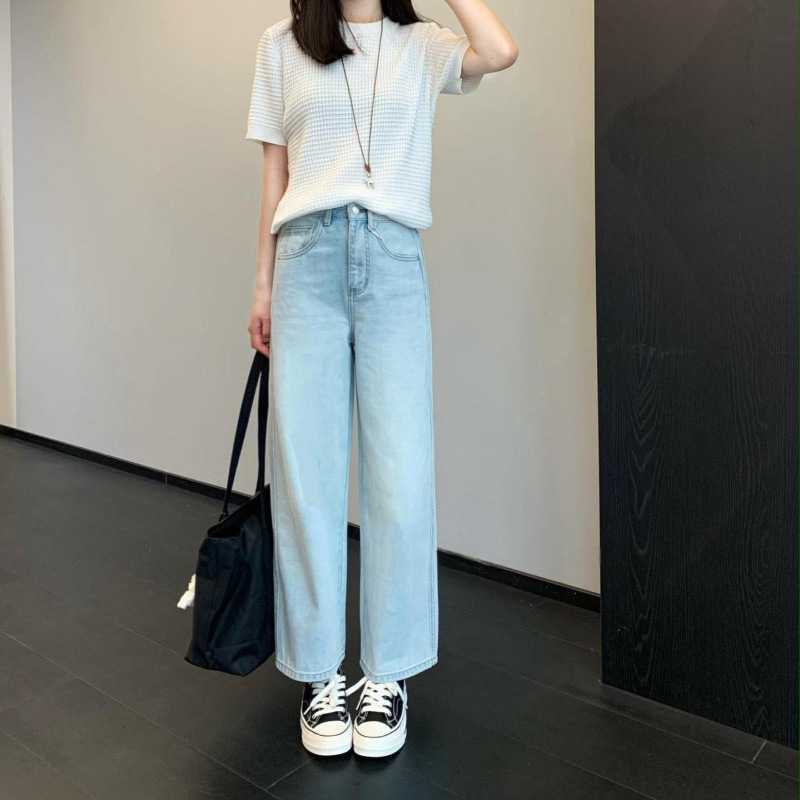Refreshing Light Blue~Pure Cotton Light Blue Retro High-Waisted Cropped Jeans with Rhinestones for Women, Spring New Style 26