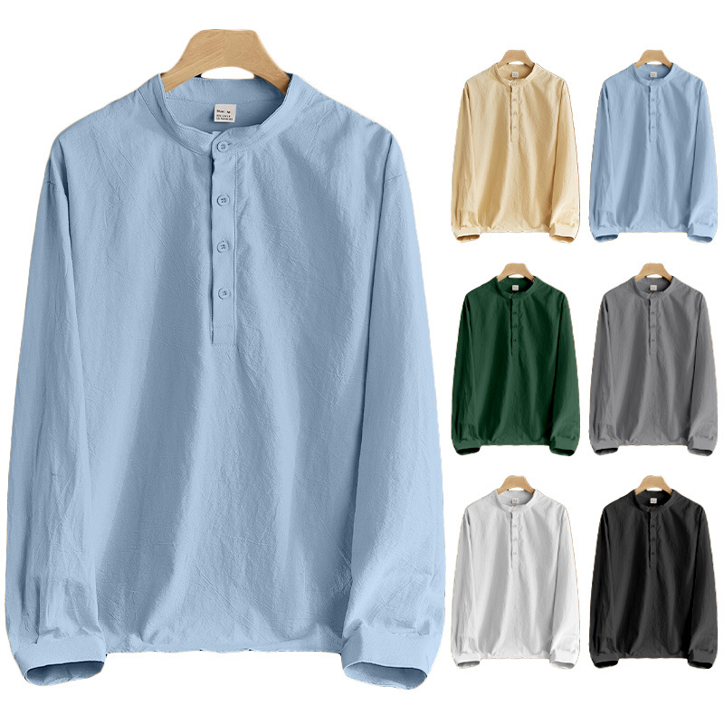 Camicia uomo casual in lino con maniche lunghe e collo coreana_voghion.com