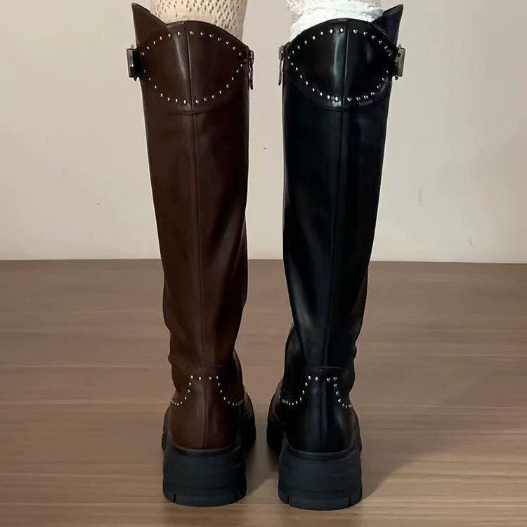 棕色长筒靴女秋冬季美拉德骑士靴不过膝高筒靴粗跟厚底西部牛仔靴|undefined