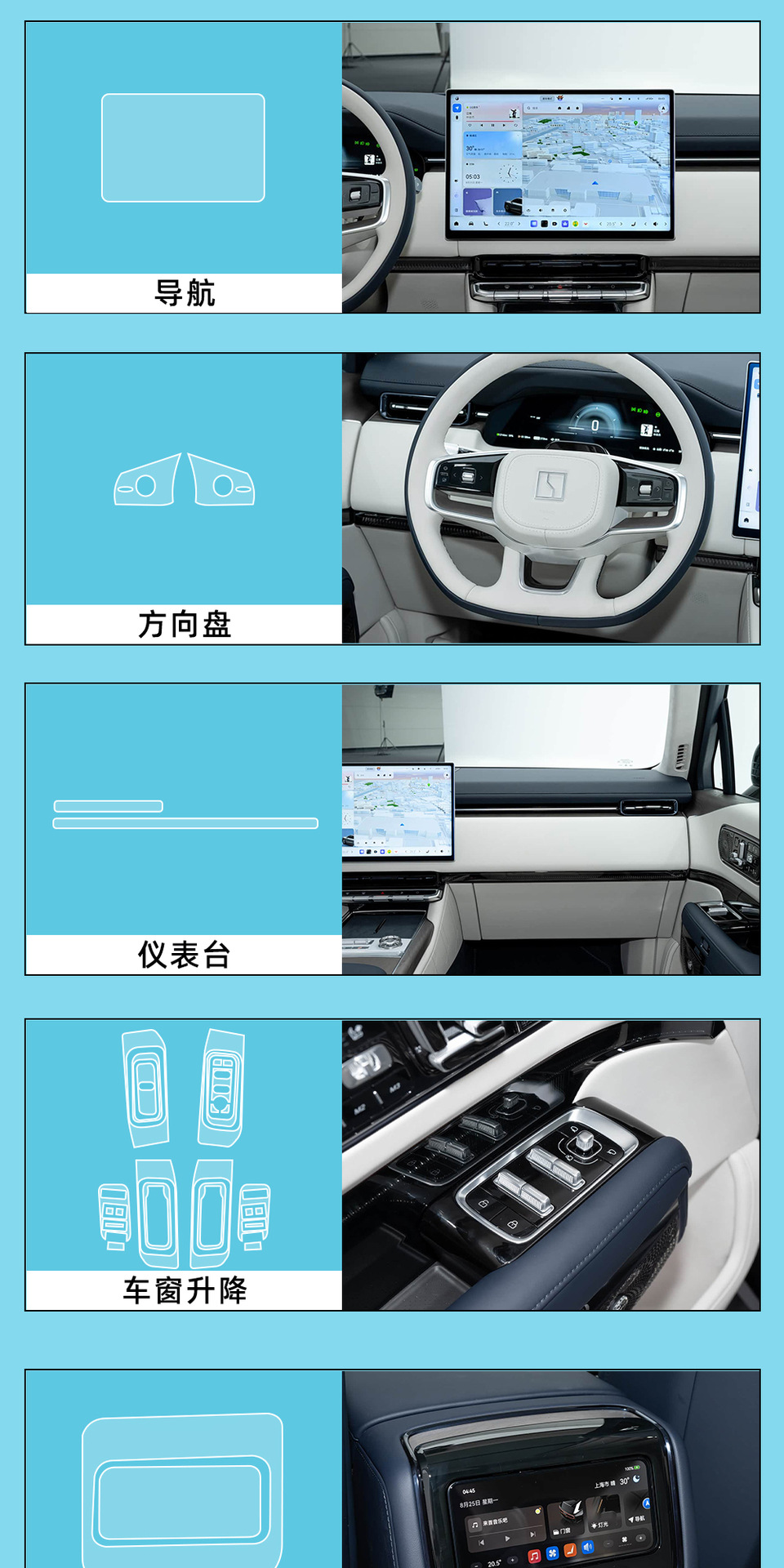 25 Models of Zeekr 9X Window Lift Buttons, Interior Protection, Door Panel Film, Central Control Navigation Screen Tempered Film
