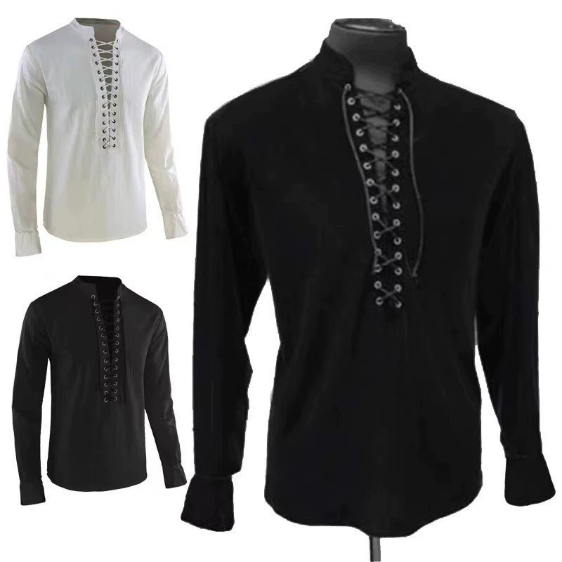 Amazon Hiyin AliExpress Средневековый ретро сплошной цвет мужской свободный ремешок воротник рубашка стимпанк король